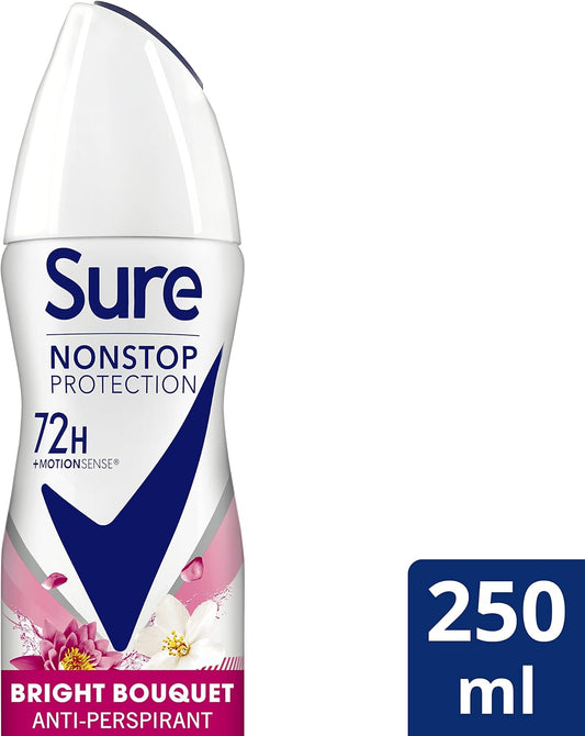 Sure Bright Bouquet Nonstop Protection Motionsense Technology Anti-Perspirant Deodorant Spray Anti-Perspirant Deodorant Aerosol 72H Protection Against Sweat And Odour 250 Ml