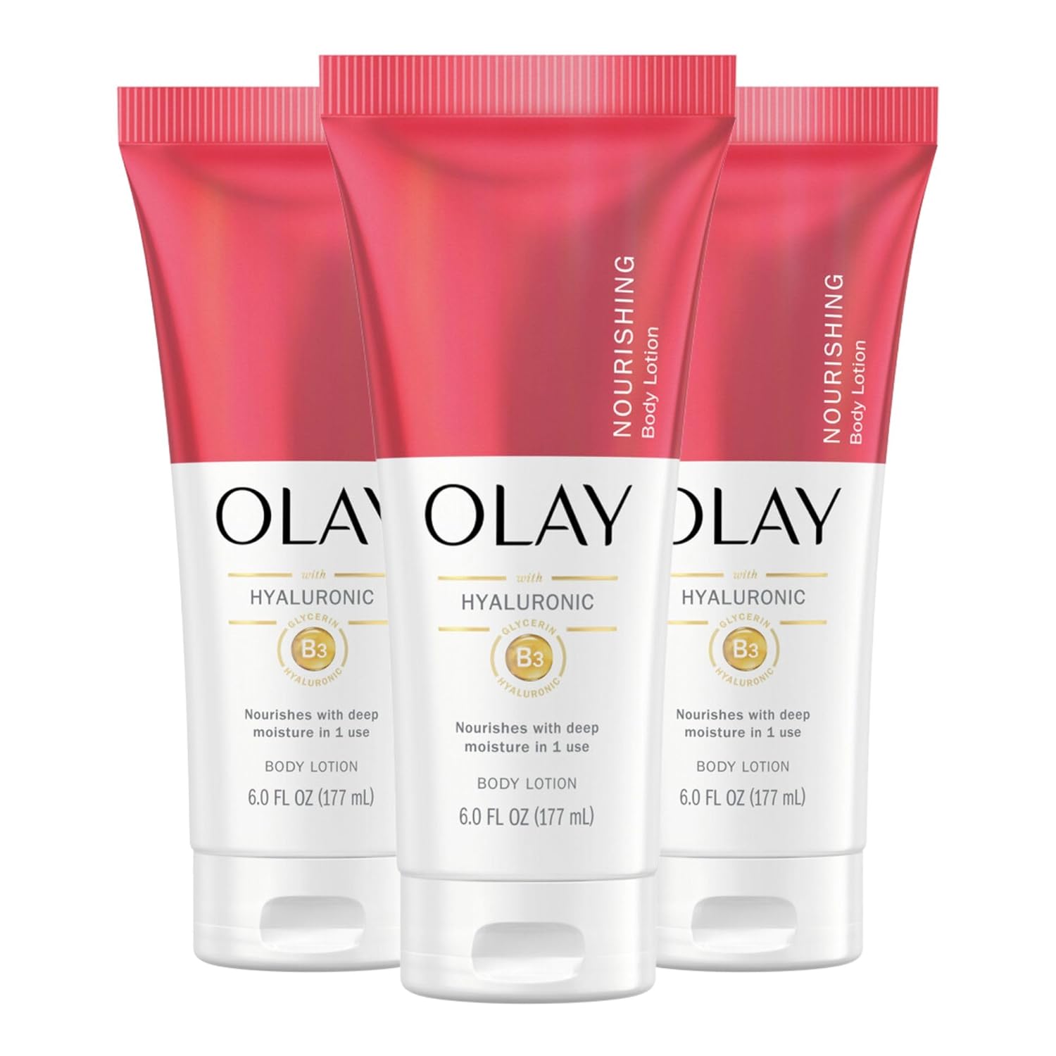 Olay Nourishing & Hydrating Hand and Body Lotion with Hyaluronic Acid, 6 fl oz tube (Pack of 3) (Packaging May Vary)