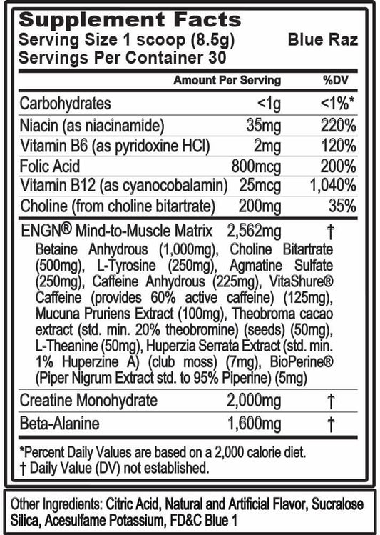 Evl Intense Pre Workout With Creatine - Pre Workout Powder Drink For Lasting Energy Focus And Recovery - Engn Energizing Pre Workout For Men With Beta Alanine Caffeine And L Theanine - Blue Raz