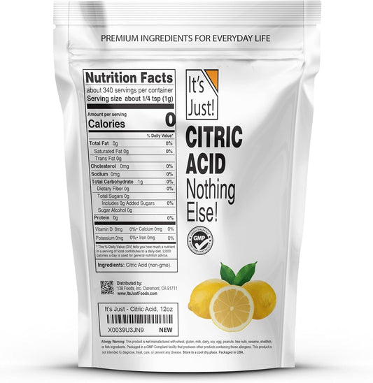 It'S Just - Citric Acid, Food Grade Flavor Enhancer Powder, Non-Gmo, Great For Cooking, Cleaning, Bath Bombs, Natural Preservative (12 Ounces)