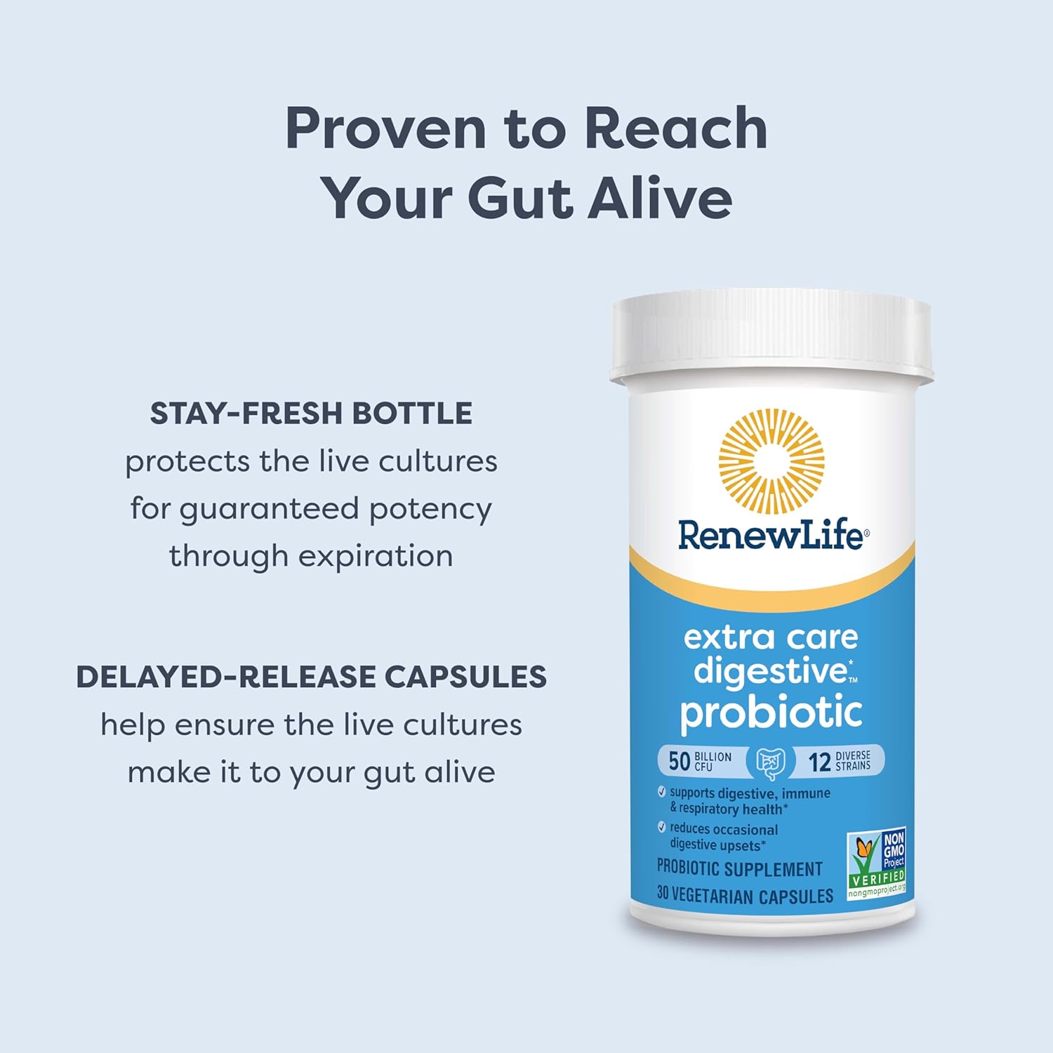 Renew Life Extra Care Digestive Probiotic Capsules, 50 Billion CFU Guaranteed, Daily Supplement Supports Immune, Digestive, Respiratory Health(1), L. Rhamnosus GG, Dairy, Soy and Gluten-Free, 30 Count : Health & Household