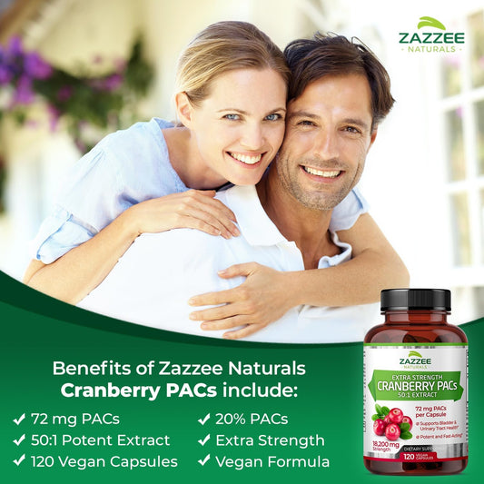 Zazzee Extra Strength Cranberry Pacs, 72 Mg Pacs Per Capsule, 100% Soluble, 120 Vegan Capsules, 50:1 Extract, 18,200 Mg Strength, Effective Urinary Tract Uti Support For Women, Proanthocyanidins