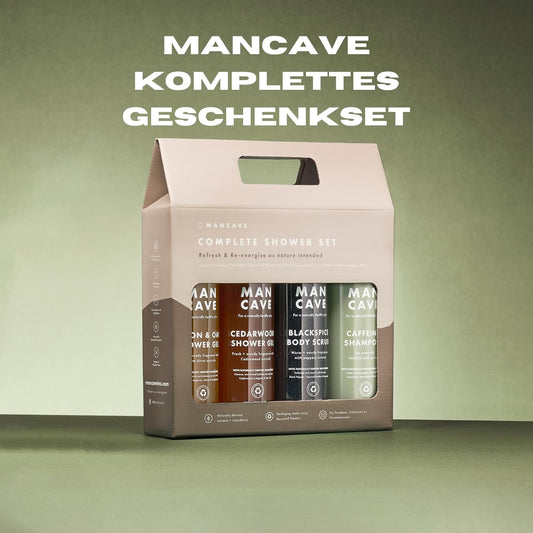 Mancave Men’S Complete Shower Gift Set, 4 Signature Shower Products For Men, Caffeine Shampoo, 2 Natural Sulphate Free Shower Gels And Blackspice Body Scrub, Amazon Exclusive, Vegan, Made In England