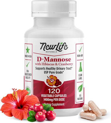 Newlife Naturals D-Mannose Capsules | W/Cranberry And Hibiscus Extracts | Natural Urinary Tract Health Supplement | 1400Mg Pure Veggie Powder | 120 Veggie Capsules