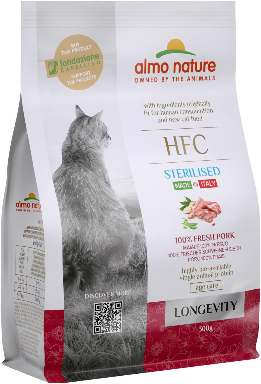 Almo Nature HFC Longevity Sterilized Pork- Complete Dry Cat food for Senior Neuteured Cats with 100% HFC Fresh Pork. 300g :Pet Supplies