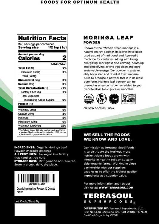 Terrasoul Superfoods Organic Moringa Powder, 11 Oz : Detox - Antioxidants - Immunity