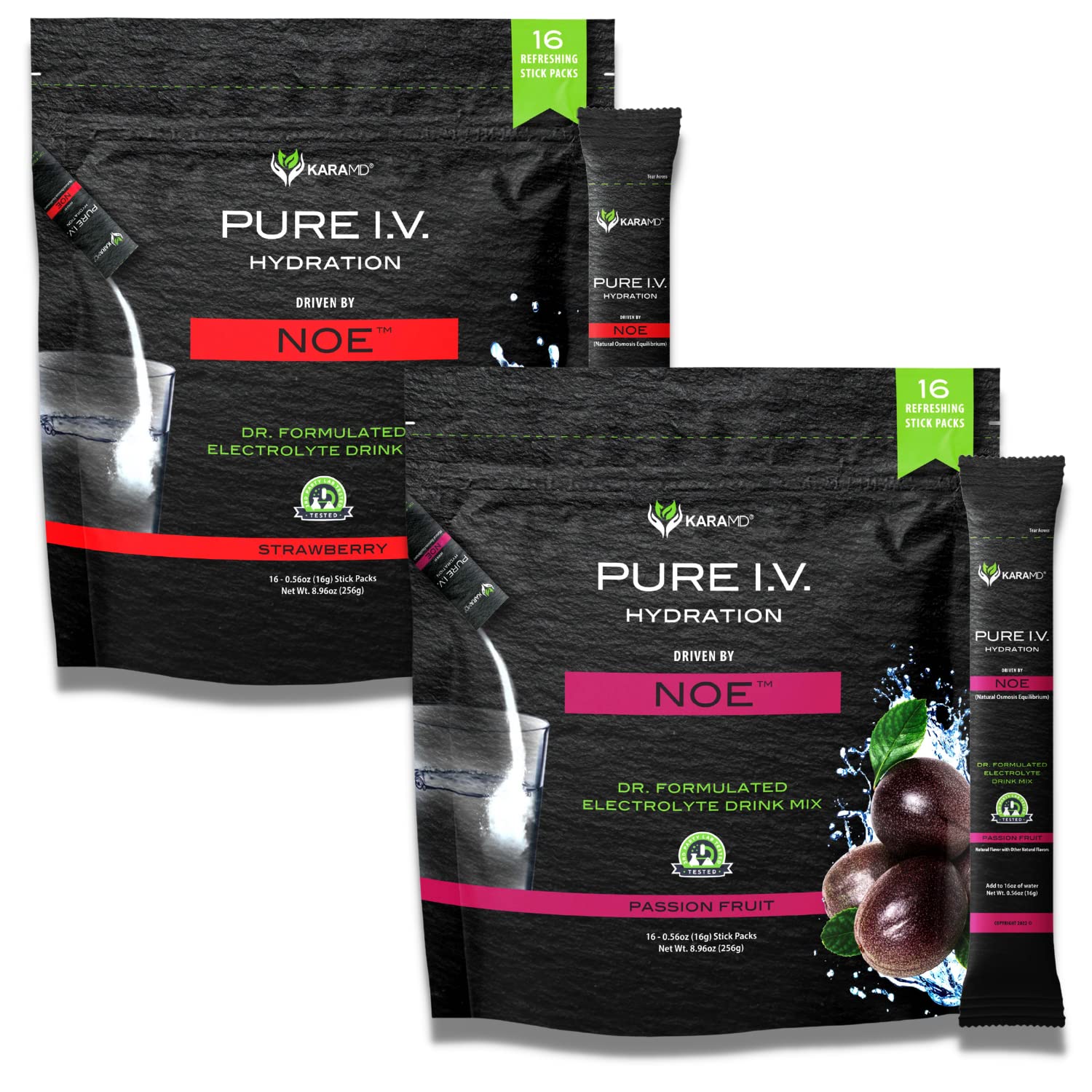 KaraMD Pure I.V. - Doctor Formulated Electrolyte Powder Drink Mix 2 Flavor Bundle ? Refreshing & Delicious Hydrating Packets with Vitamins & Minerals ? 1 Strawberry & 1 Passion Fruit Bag (32 Sticks)