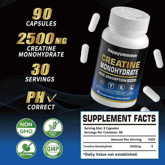 Creatine Monohydrate Capsules - Micronized Creatine Monohydrate, Creatine Pills - 3 Creatine Capsules Per Serving, 2500Mg, Gluten Free, 90 Capsules