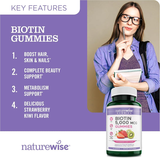 Naturewise Biotin Gummies - Hair, Skin And Nails Supplement - Vitamin B7 5000Mcg Supports Hair And Nail Strength - Strawberry-Kiwi Flavor - Vegan, Non-Gmo, Gluten Free - 60 Count[1-Month Supply]