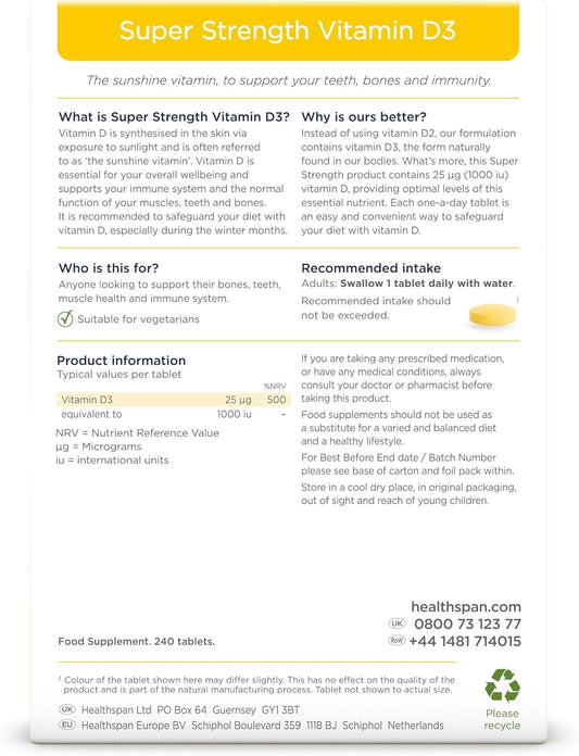 Healthspan Super Strength Vitamin D3 | Immune Health | Bone, Teeth & Muscle Health | Contains 1,000Iu Of Natural Source Vitamin D3 In Each Tablet | Vegetarian (60 Tablets)