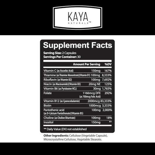 Kaya Naturals B-12 Complex | Multivitamin Supplement For Women & Men | Energy And Metabolism Booster | Vitamin Supplement With Biotin, Choline, Inositol, Folate, And Vitamin C – 60 Count