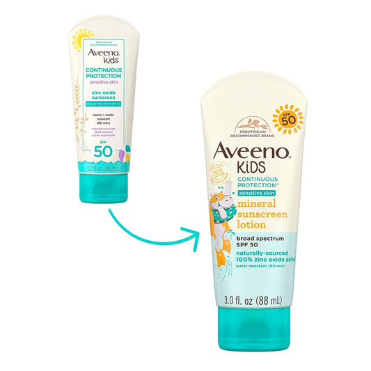 Aveeno Kids Continuous Protection Zinc Oxide Mineral Sunscreen Lotion For Children'S Sensitive Skin With Broad Spectrum Spf 50, Tear-Free, Sweat- & Water-Resistant, Non-Greasy, 3 Fl. Oz