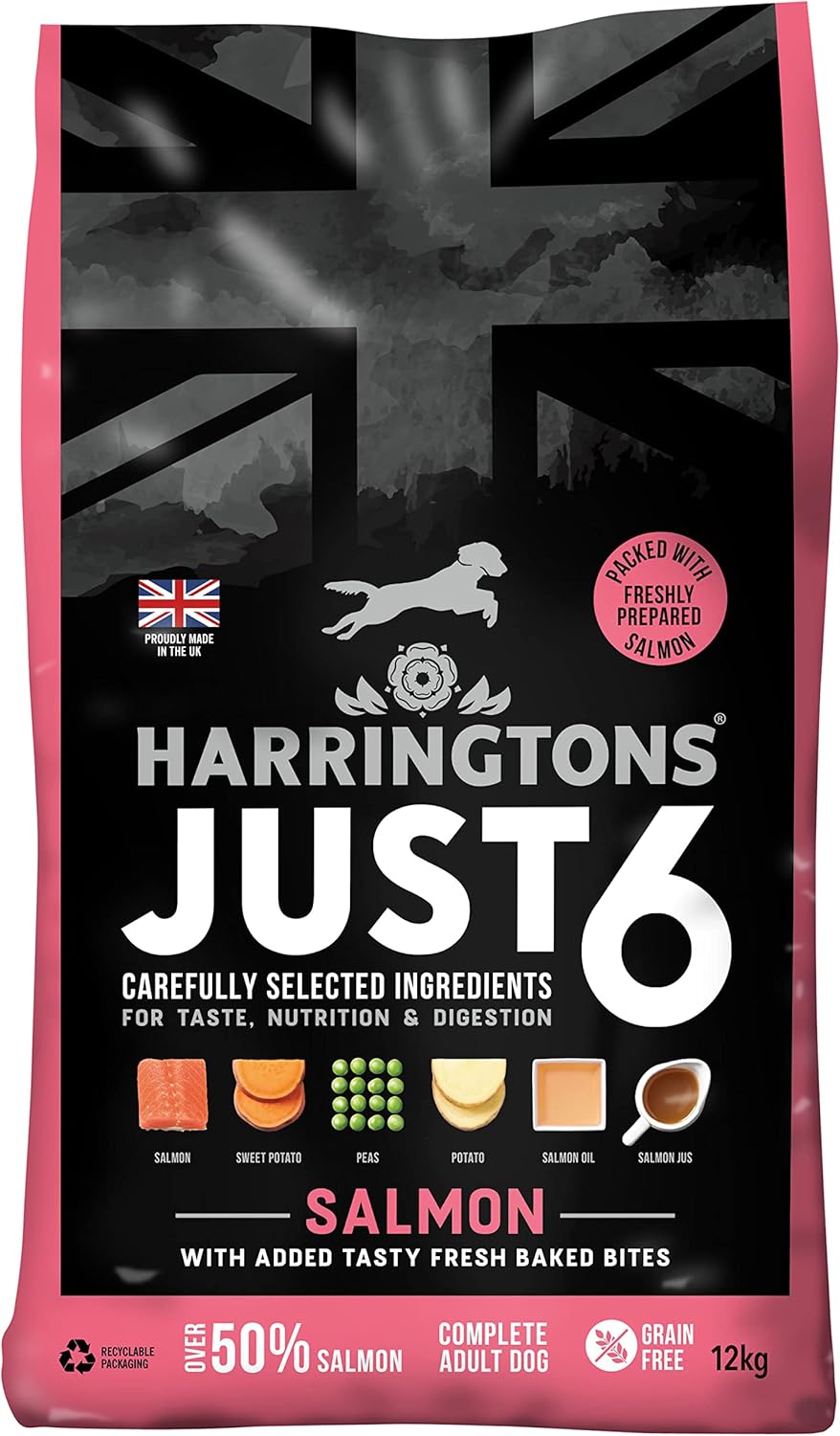Harringtons Just 6 Salmon & Veg Complete Grain Free Dry Dog Food With Added Tasty Fresh Baked Bites 12kg?HARRJ6S-12