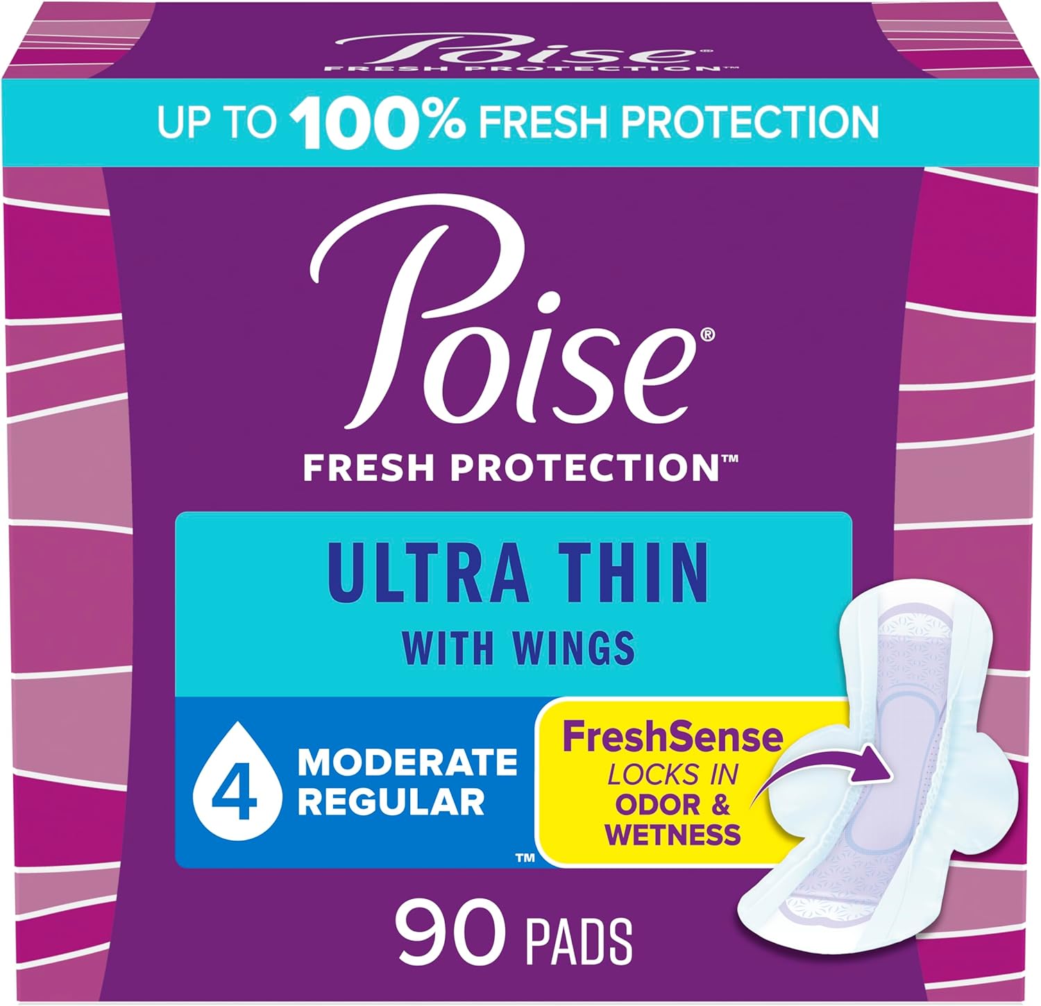 Poise Ultra Thin Incontinence Pads With Wings & Postpartum Incontinence Pads, 4 Drop Moderate Absorbency, Regular Length, 90 Count (3 Packs Of 30), Packaging May Vary