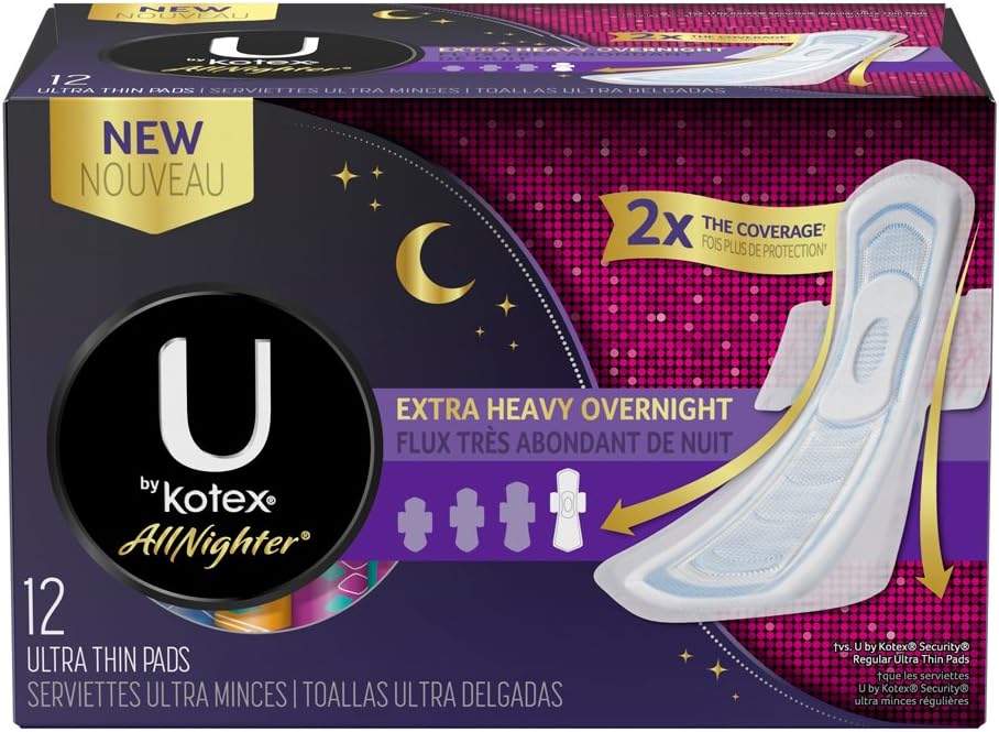 U by Kotex All Nighter Ultra Thin Pads Extra Heavy Overnight 12 Count (Pack of 3)