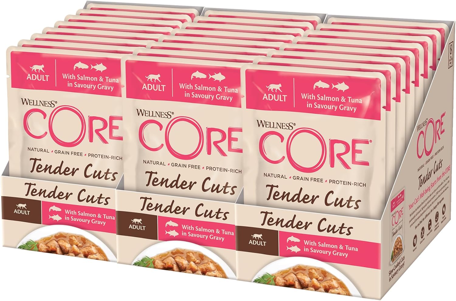 Wellness CORE Tender Cuts, Wet Cat Food, Cat Food Wet with Tender Pieces in Sauce, Grain Free, High Meat Content, Salmon & Tuna, 24 x 85 g?10663