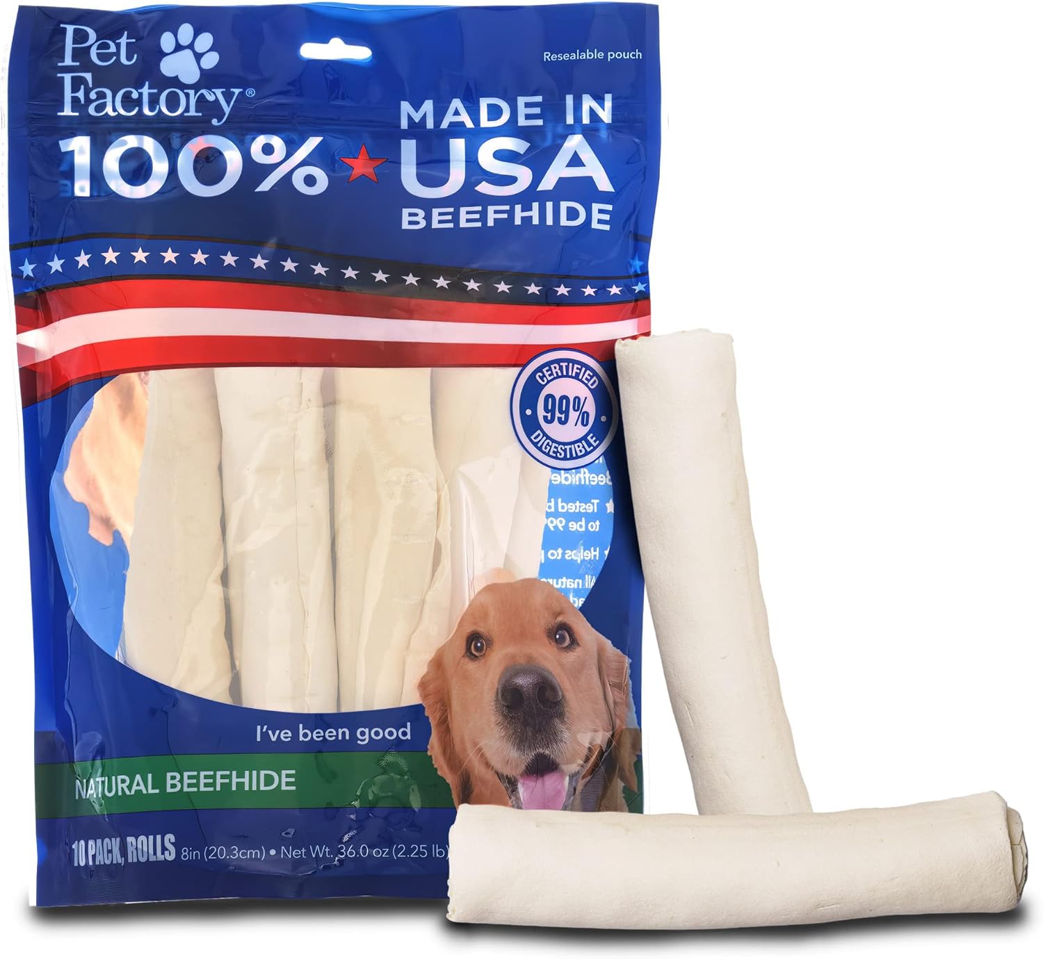 Pet Factory 100% Made In Usa Beefhide 8" Rolls Dog Chew Treats - Natural Flavor, 10 Count/1 Pack