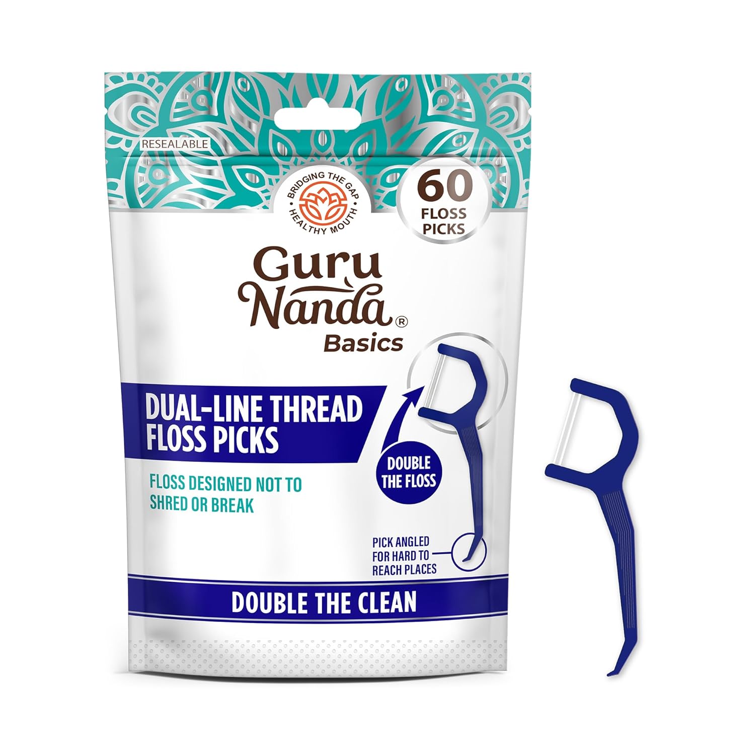 Gurunanda Dual Line Floss Picks (60 Ct) - Double-Threaded Dyneema Floss With Angled Pick For Effective Plaque Removal - Dentist Recommended, Travel-Friendly Floss Picks For Adults & Kids - Unflavored