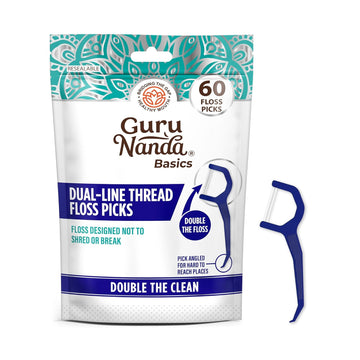 Gurunanda Dual Line Floss Picks (60 Ct) - Double-Threaded Dyneema Floss With Angled Pick For Effective Plaque Removal - Dentist Recommended, Travel-Friendly Floss Picks For Adults & Kids - Unflavored