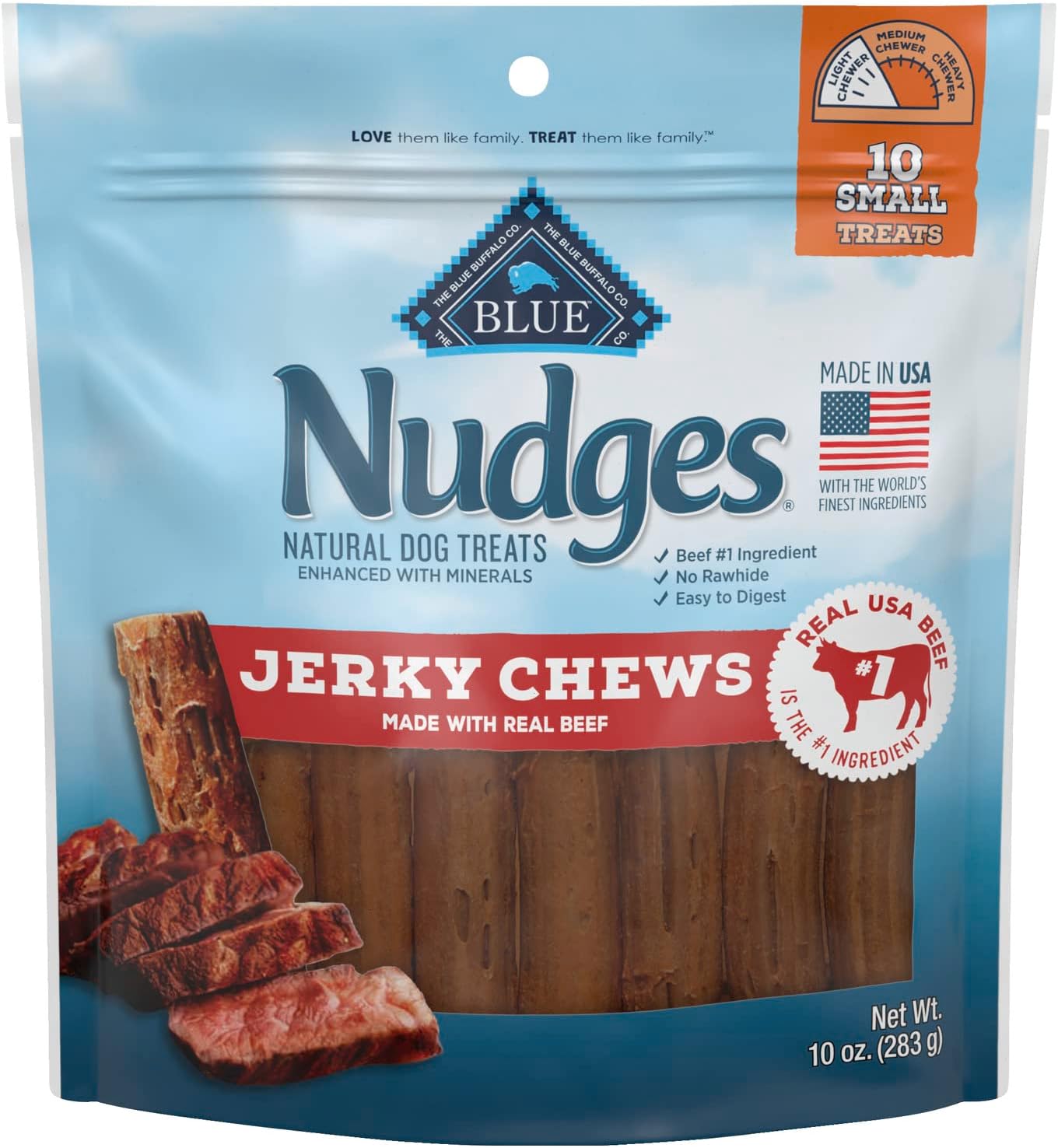 Blue Buffalo Nudges Jerky Chews Natural Dog Treats Small Breed, Beef, 10Oz Bag, 10 Count