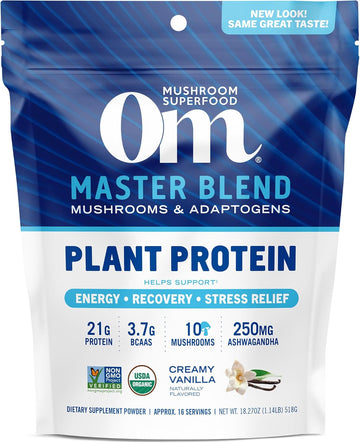 Om Mushroom Superfood Master Blend Plant-Based Protein Powder, 18.27 Ounce, 14 Servings, Creamy Vanilla Protein With 10 Mushroom Complex, Lions Mane, Adaptogens For Optimal Health And Recovery