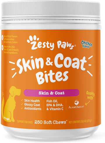 Zesty Paws Skin & Coat Bites for Dogs – Fish Oil Soft Chews with Omega-3 Fatty Acids EPA & DHA - Skin, Coat, Antioxidant & Immune Support – Chicken - 250 Count