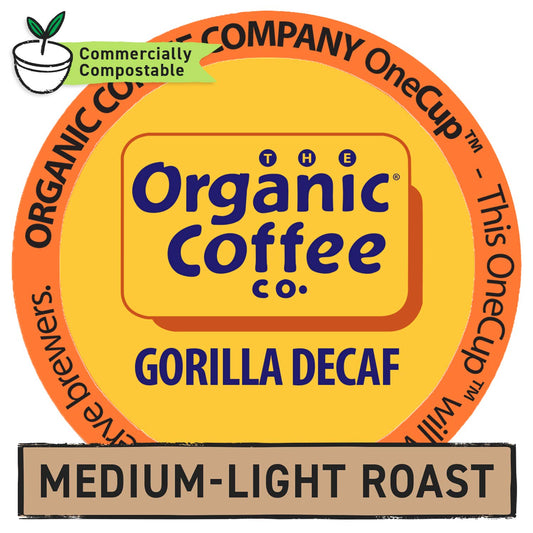 The Organic Coffee Co. Compostable Coffee Pods - Gorilla Decaf (80 Ct) K Cup Compatible including Keurig 2.0, Medium Roast, Swiss Water Processed, USDA Organic