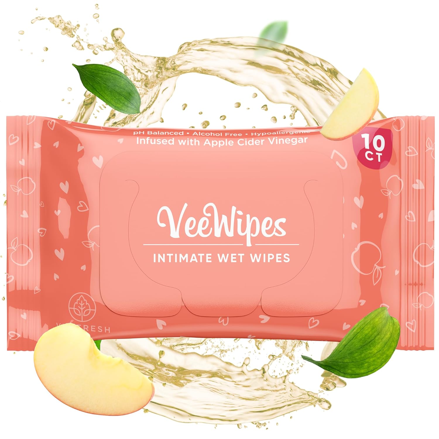 Veefresh Veewipes Acv (10Pcs) - Apple Cider Vinegar Infused Wipes For Sensitive Vees- Ph Balanced, Alcohol Free & Hypoallergenic Feminine Wipes For Women - Female Wipes For Maximum Hygiene