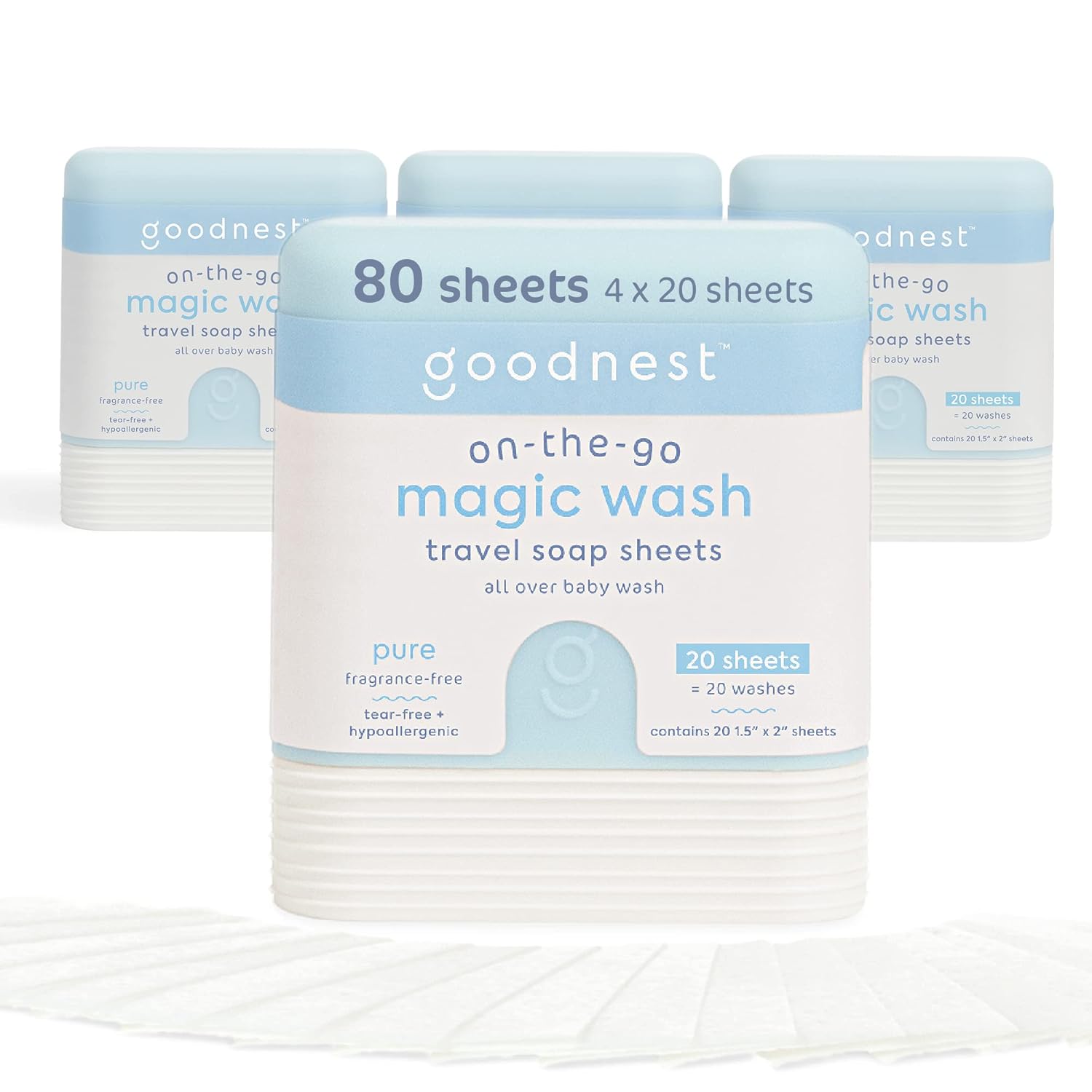 Goodnest® Baby & Toddler Travel Soap Sheets, Dissolving Baby Travel Soap Sheets, Tear-Free Baby Shampoo, Body & Hand Wash Paper Soap Sheets, Includes 4 Packs Of 20 Sheets, 80 Total Washes