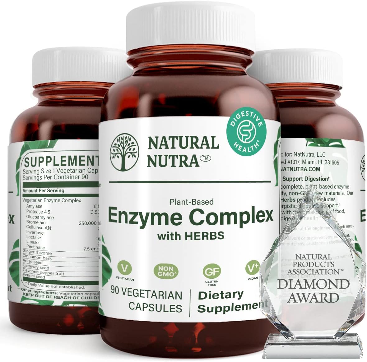 Natural Nutra Plant Based Digestive Enzyme Complex with Herbs, Better digestion, and Improve Nutritional Absorption, 90 Vegan Capsules