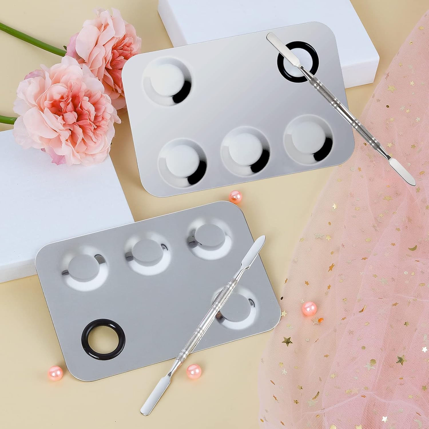 Upgrade Mixing Makeup Palette, Stainless Steel Cosmetic Palette With Spatula Tool, Nail-Art Cosmetic Palette For Mixing Cosmetic And Pigment