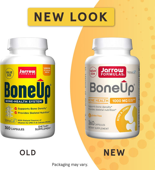 Jarrow Formulas BoneUp - 360 Capsules - 180 Servings - For Bone Support & Skeletal Nutrition - Includes Naturally Derived Vitamin D3, K2 (as MK-7) & 1000 mg Calcium - Gluten Free - Non-GMO