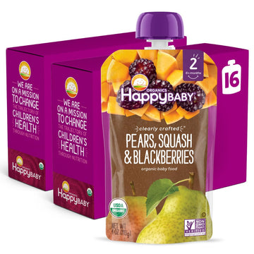 Happy Baby Organics Clearly Crafted Stage 2 Baby Food, Pears, Squash & Blackberries, 4 Ounce Pouch (Pack Of 16)