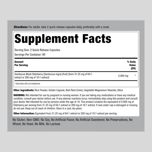Piping Rock Elderberry Capsules | 2000 Mg | 180 Count | Sambucus Herbal Extract Supplement | Non-Gmo, Gluten Free