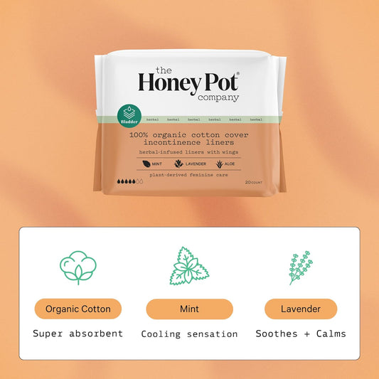 The Honey Pot Company - Herbal Panty Liners For Women - Incontinence Organic Panty Liners W/Wings - Infused W/Essential Oils For Cooling Effect - Postpartum Essentials - Feminine Care - Fsa - 20Ct