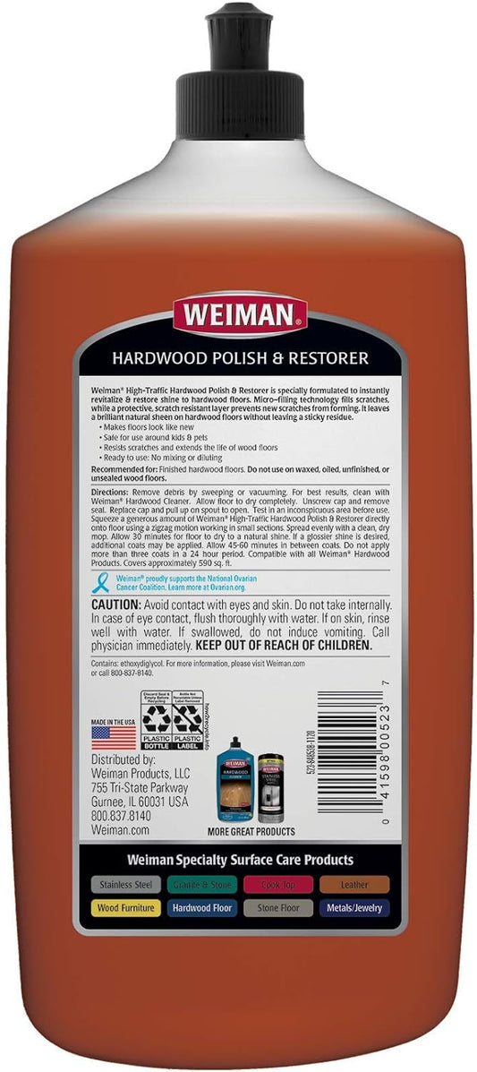 Weiman Wood Floor Polish and Restorer 32 Ounce (2 Pack) - High-Traffic Hardwood Floor, Natural Shine, Removes Scratches, Leaves Protective Layer