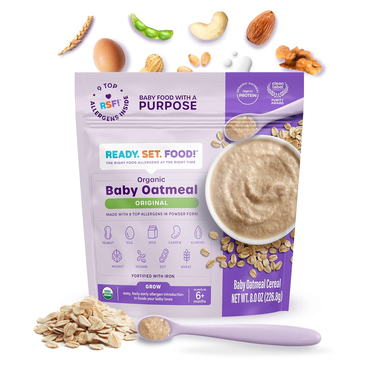 Ready Set Food Organic Baby Oatmeal Cereal – Safe & Easy Early Allergen Exposure For Babies 6+ Months, Organic Baby Food With 9 Top Allergens: Organic Peanuts, Milk, Eggs, Cashews & More (15 Servings) (Original)