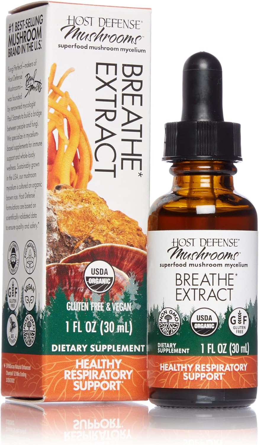 Host Defense, Breathe Extract, Respiratory Support, Mushroom Supplement with Cordyceps, Reishi and Chaga, Plain, 1