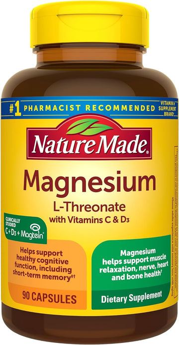 Nature Made Magnesium L-Threonate With Vitamin C & Vitamin D3, Provides 130 Mg Of Magnesium From 1800 Mg Magnesium L Threonate, Cognitive Support Magnesium Supplement, 90 Capsules, 30 Day Supply