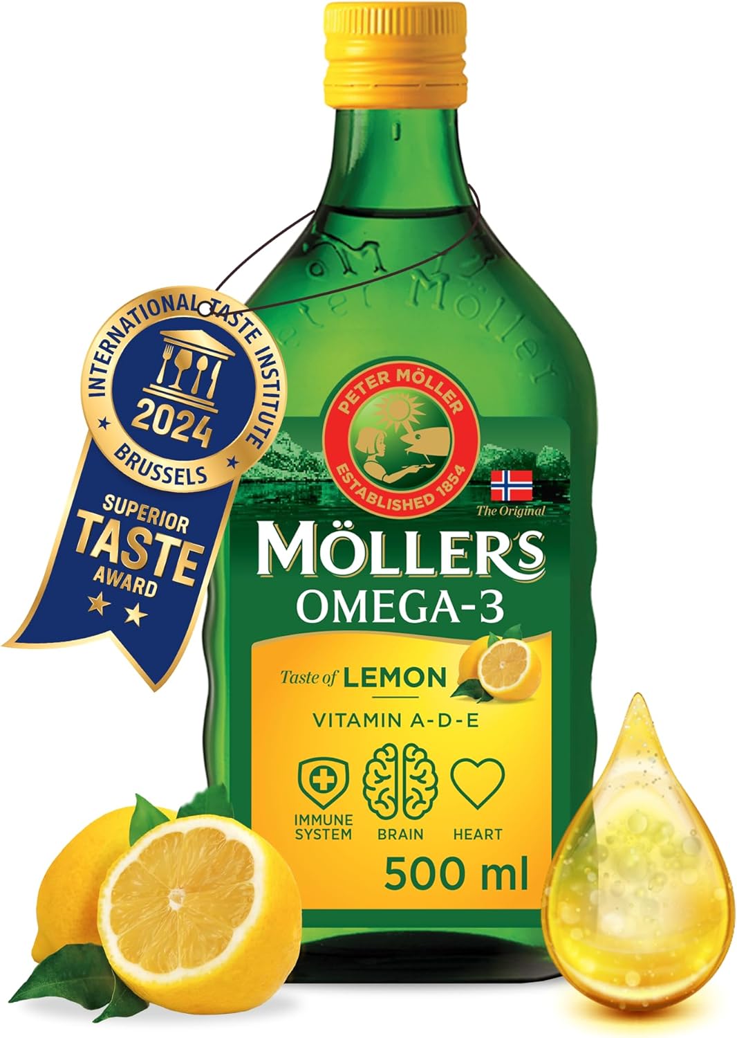 Möller's Omega 3 Cod Liver Oil | Nordic Omega 3 Dietary Supplement with EPA, DHA, Vitamin A, D, E | Superior Taste Award | High Purity Natural Cod Liver Oil | 165 Year Old Brand | Lemon | 500 ml