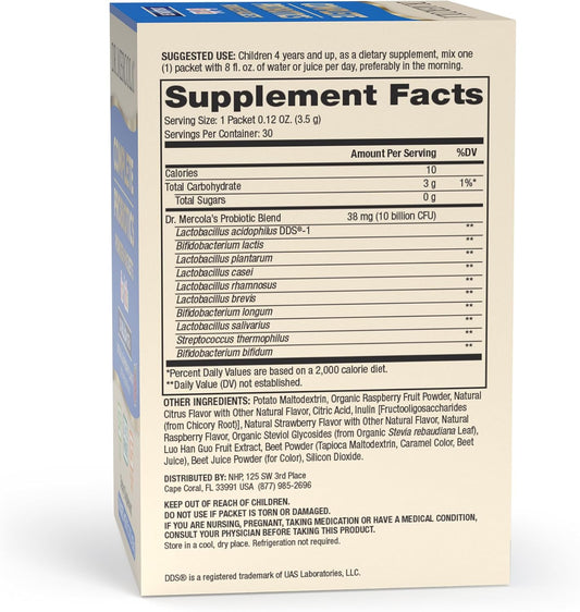 Dr. Mercola, Complete Probiotics Powder Packets For Kids, (10 Billion Cfu) 30 Servings (30 Packets), Non Gmo, Soy-Free, Gluten Free