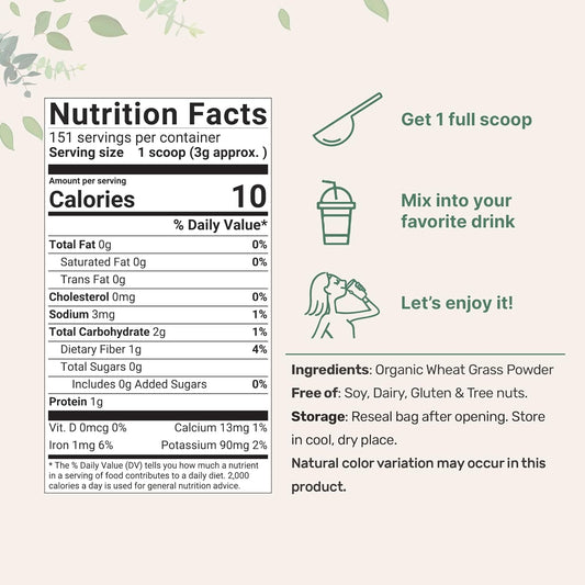 Micro Ingredients Sustainably Us Grown, Organic Wheat Grass Powder (100% Whole-Leaf), 16 Ounce, Rich In Immune Vitamins, Fibers And Minerals, Support Digestion Function, Vegan Friendly