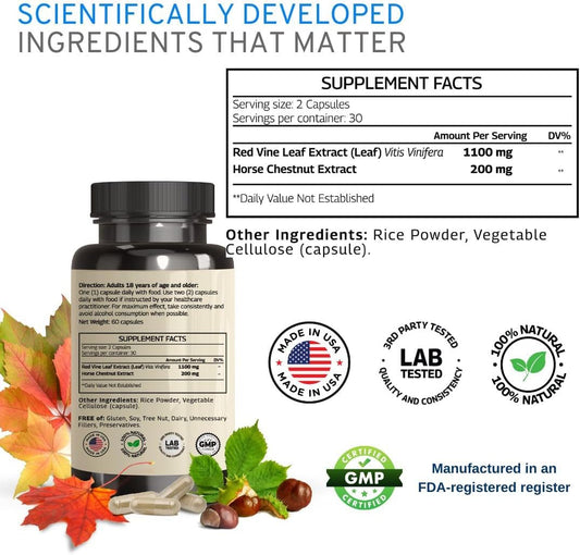 Red Vine Leaf Extract - Horse Chestnut, 1300Mg/Serving *Usa Made And Tested* Circulation And Vein Support For Healthy Legs - Helps Blood Flow, Leg Circulation - 60 Capsules (30 Servings)