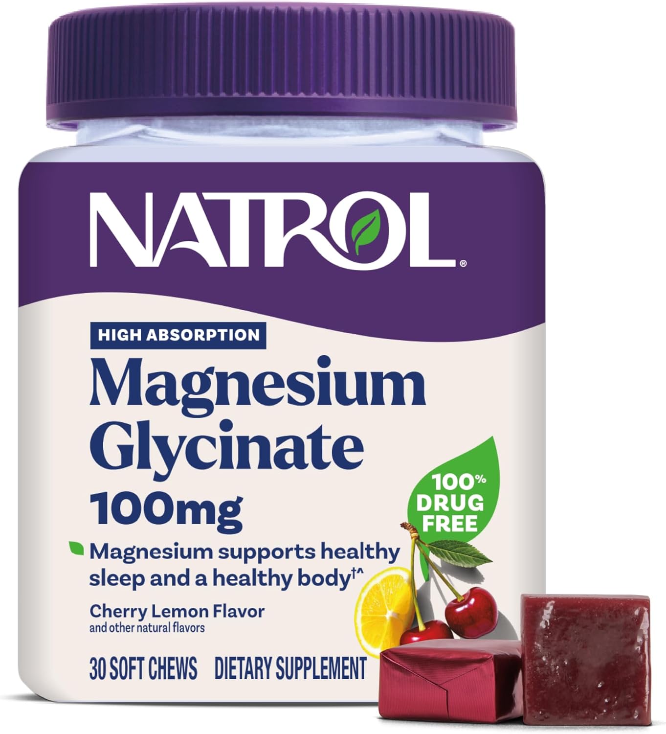 Natrol Magnesium Glycinate Supplements 100Mg, Cherry Lemon Soft Chews For Healthy Sleep And Body, Magnesium Glycinate 100Mg, Up To A 30 Day Supply