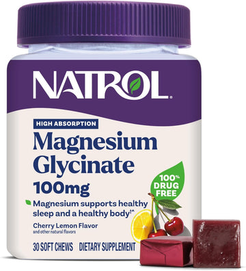 Natrol Magnesium Glycinate Supplements 100Mg, Cherry Lemon Soft Chews For Healthy Sleep And Body, Magnesium Glycinate 100Mg, Up To A 30 Day Supply