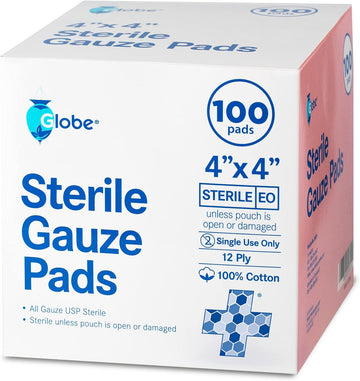 Globe 4’’ X 4" Advanced Sterile Gauze Pads For Wound Dressing| 100-Pack, Individually Packed | 12-Ply Cotton & Highly Absorbent| Advanced Gauze Sponge-Pads For Wound Care & Home First Aid Kits (4 X 4)