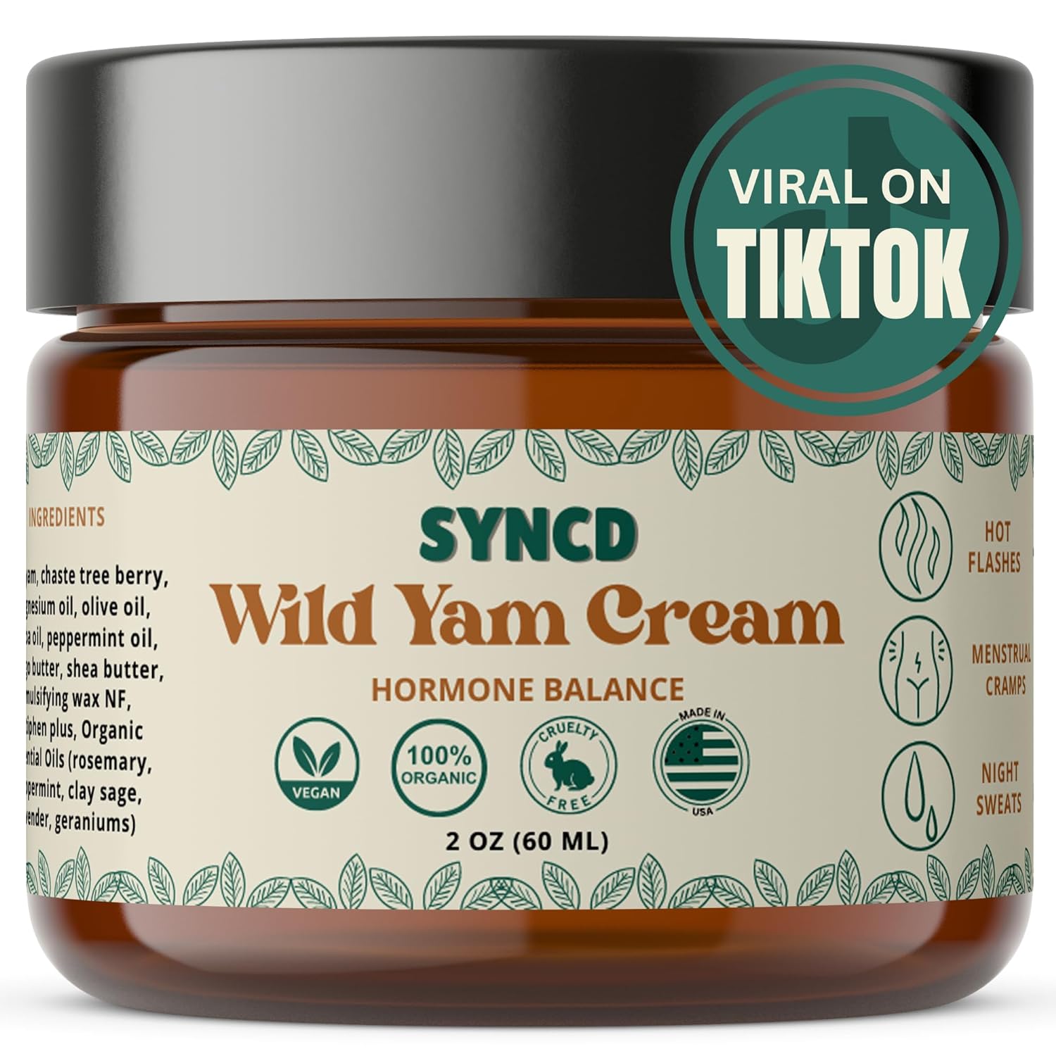 Organic Wild Yam Cream for Hormone Balance & PMS - Menopause Relief Plant Derived Topical Cream for Hot Flashes, Menstrual Cramps & Night Sweats - Made In The USA