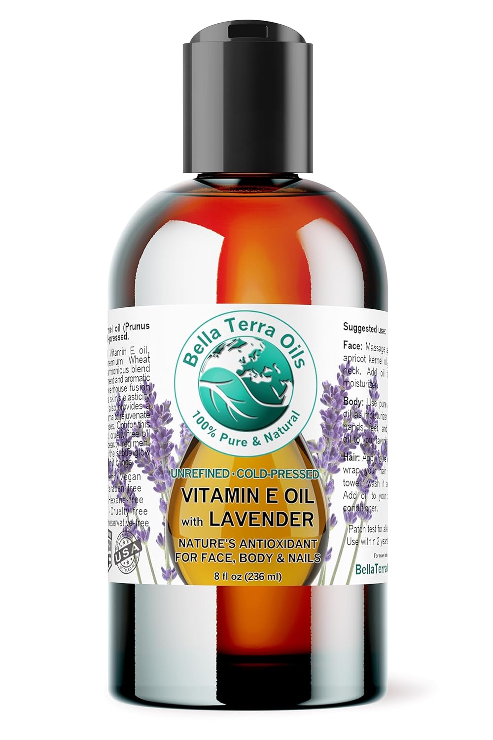 Bella Terra Oils - Organic Vitamin E & Lavender Oil 8 oz - Exquisite Face Elixir with Pure D-Alpha Tocopherol, Organic Wheat Germ Extracted, Enchanting Lavender Essence for Your Skin
