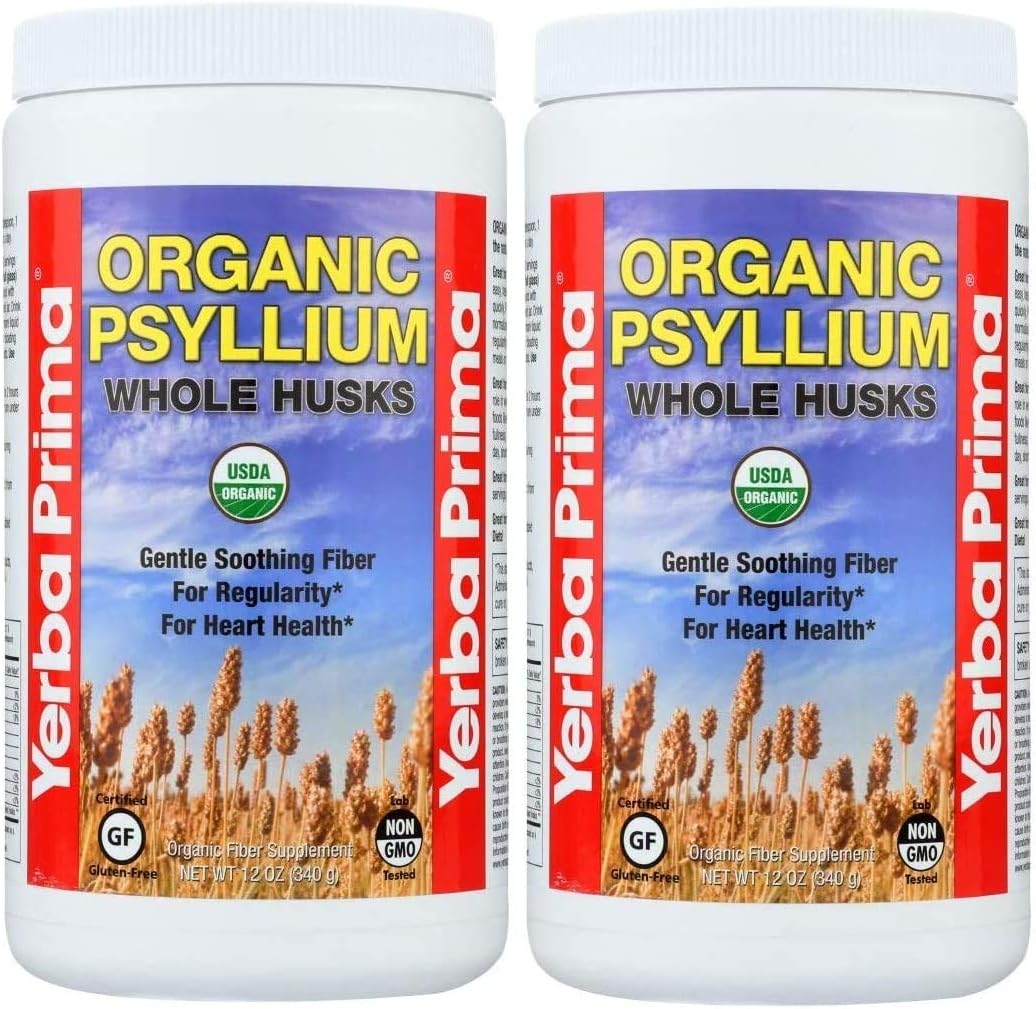 Yerba Prima Organic Psyllium Whole Husks, 12 Ounce (Pack of 2) - Natural Fiber Supplement, Gut Health, Regularity Support, Non GMO, Gluten Free, Keto and Vegan Friendly