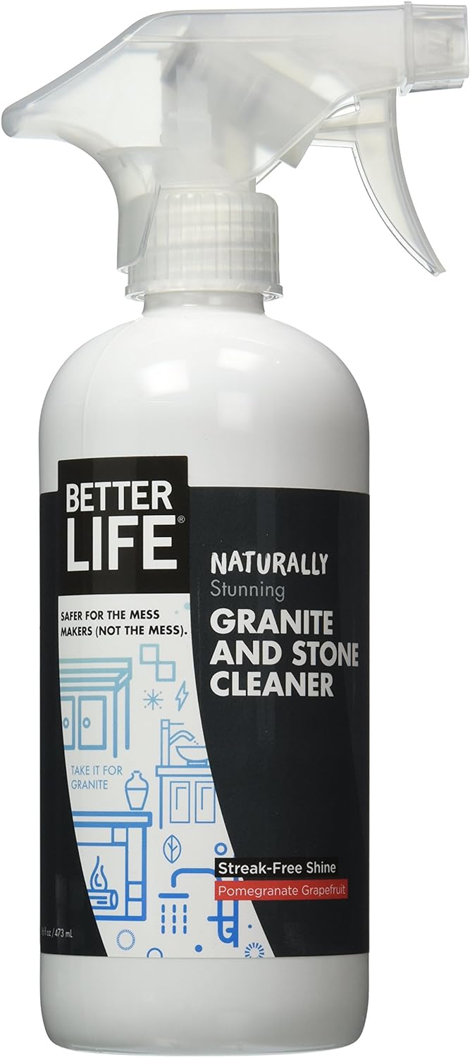 Better Life Granite Cleaner and Polish - Stone Countertop Cleaner for Marble, Quartz, Slate, Concrete Surfaces or Floors - Streak-Free Granite Stain Remover - 16oz Pomegranate & Grapefruit